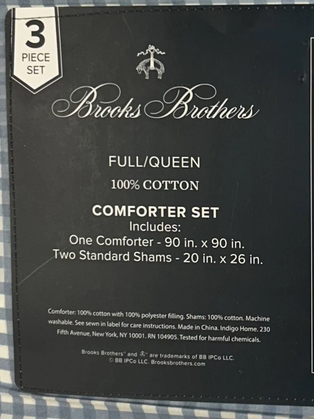 Brooks Brothers Blue and White Checkered Full/Queen Cotton Comforter Set 88”x96”